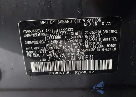 2021 Subaru Forester Touring z USA, uszkodzony, nr VIN JF2SKAXC8MH500831